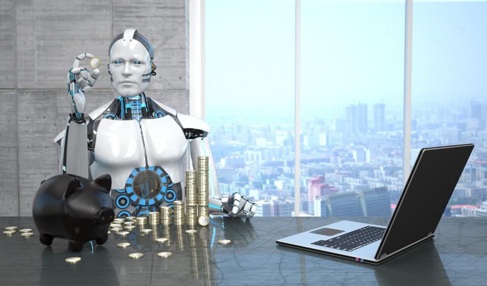 A humanoid robot cointing coins at an office desk overlooking a vast city.