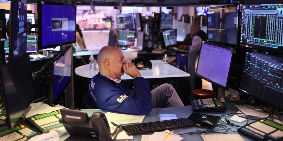 Traders work on the floor of the New York Stock Exchange during afternoon trading on November 03, 2023.