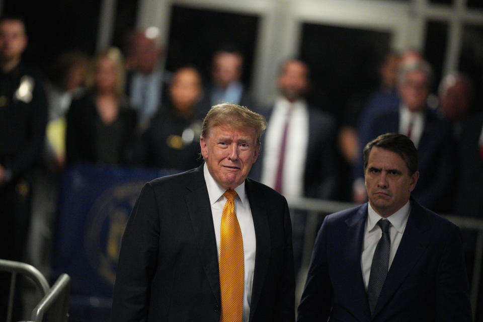 NEW YORK, NEW YORK - MAY 21: Former U.S. President Donald Trump speaks to the media during his trial for allegedly covering up hush money payments at Manhattan Criminal Court on May 21, 2024 in New York City. Trump was charged with 34 counts of falsifying business records last year, which prosecutors say was an effort to hide a potential sex scandal, both before and after the 2016 presidential election. Trump is the first former U.S. president to face trial on criminal charges. (Photo by Curtis Means-Pool/Getty Images)