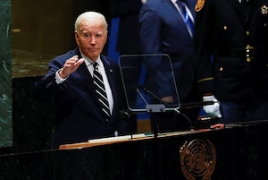 U.S. President Joe Biden gestures as he addresses the 79th United Nations General Assembly, at U.N. headquarters in New York, U.S.