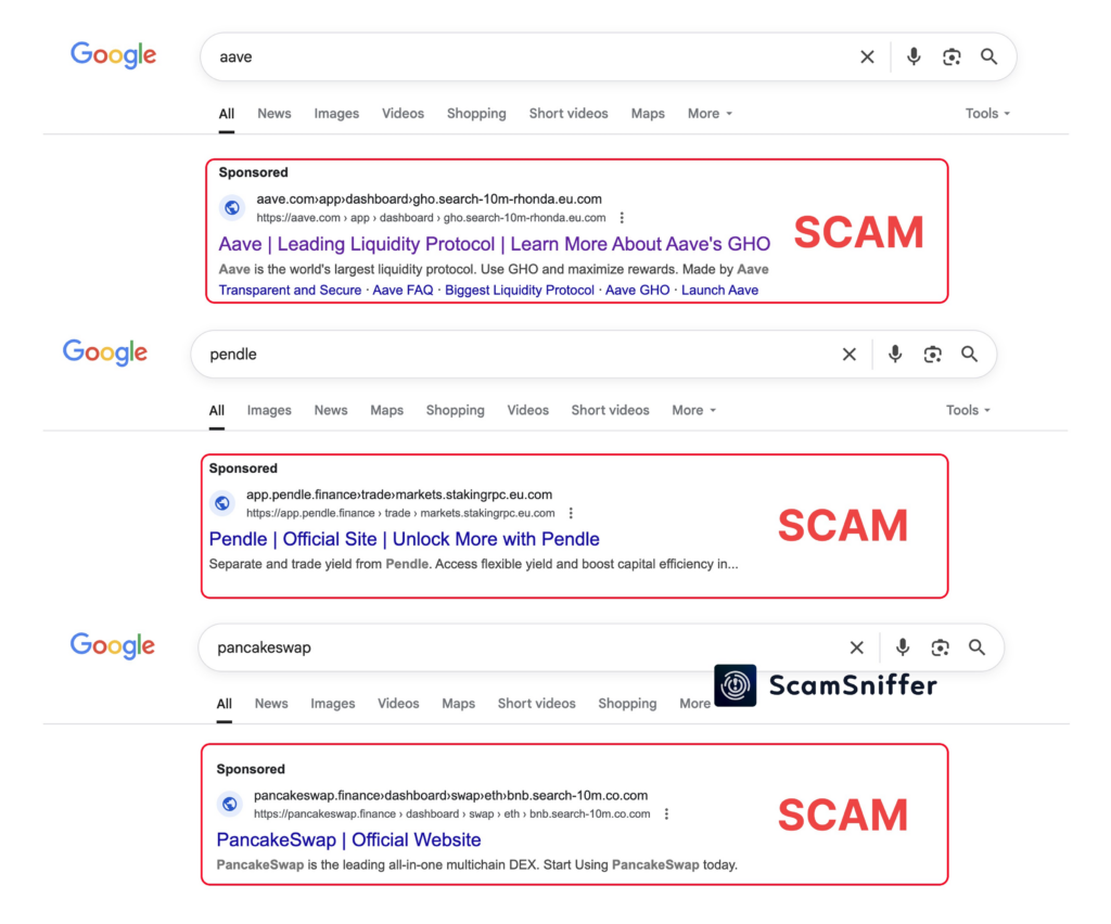 Google page showing results for several popular crypto platforms, with phishing sites as top ad results
