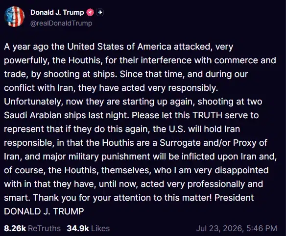 Donald Trump threatens Iran with military punishment after Houthi attacks on two Saudi ships.